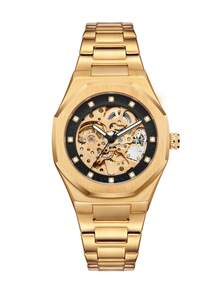 LONGLUX 1 chiếc đồng hồ đeo tay cơ tự động dành cho nam, mặt bát giác đính đá, dây thép khóa bướm kiểu dáng công sở, thích hợp đeo hàng ngày. - Vàng - Xem 5