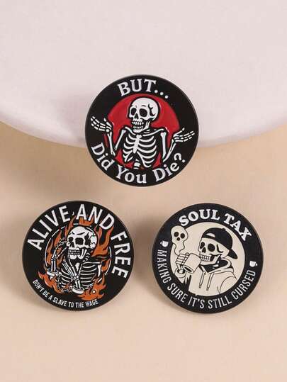 3pcs/Set Skull Self-Mockery Anti-Involution Badge, Dark Gothic Workplace Emotion Style, Flame Skull Holding Cup, Shrugging Skull, Skull Wearing Hat Drinking Coffee, Working Class Anti-Involution Emotional Release Accessories