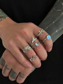 Bộ 6 chiếc nhẫn hình ngôi sao năm cánh rỗng, đính đá acrylic, phong cách rockstar punk thanh lịch, giản dị tối giản, đường phố, thích hợp cho đám cưới, tiệc tùng, quà tặng thời trang đôi cho nam giới. - nhẫn - Xem 3
