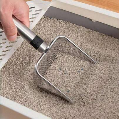 1 cái xẻng xúc cát vệ sinh cho mèo bằng thép không gỉ với lưới lọc mịn, thích hợp cho cát vệ sinh vón cục, dụng cụ vệ sinh thú cưng, phụ kiện cho mèo, cát vệ sinh cho mèo, quà tặng Ngày của Mẹ