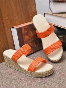 女士经典时尚休闲优雅舒适沙滩度假波西米亚风百搭轻便坡跟厚底编织麻绳凉鞋，多种颜色可选 - 橘色 - 查看 6