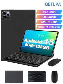 Qetupa Tableta Android de 15.1 pulgadas, con funda protectora, teclado y ratón, ligera y portátil para uso de oficina para adultos, 6GB de RAM + 128GB de almacenamiento (ampliable a tarjeta MicroSD de 1TB), procesador Octa-Core MTK6771 de 2.0GHz, pantalla táctil HD (1280x800) IPS, cámara frontal de 5MP y cámara trasera de 13MP, batería de 6000mAh - Negro - Ver 1