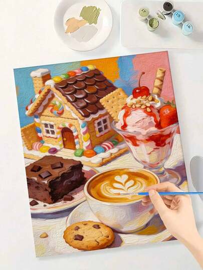 甜点咖啡姜饼屋冰淇淋布朗尼饼干DIY数字油画帆布画工艺品成人家居装饰40x50厘米/16x20英寸节日礼物