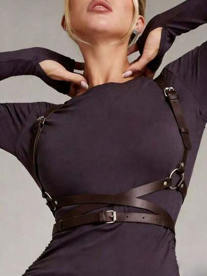 1pc Women's Elegant Coffee PU Leather Bustier Corset Belt, Suitable For Streetwear, Commuting, Festivals, Parties, Halloween, Christmas Outfit Accessory