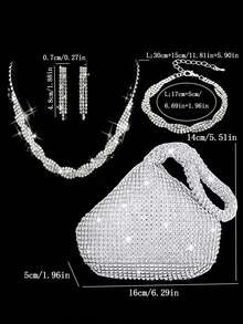 4pcs Women's Fashion Versatile Elegant Crystal Rhinestone Handbag, Necklace, Bracelet, Earrings Jewelry Set For Evening Dress Party - Silver - View 4