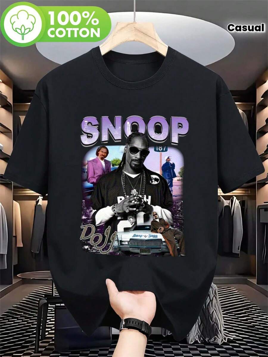 Camisetas Casuales de Alta Calidad para Hombre y Hombre y Mujer, Estilo HIP-HOP Street Rap, Estampado de Rapero Famoso Star005, Camiseta de Algodón Cómoda, Cuello Redondo, Manga Corta, Ideal como Regalo, 180G, Regalo para Fiestas - Negro - Ver 1