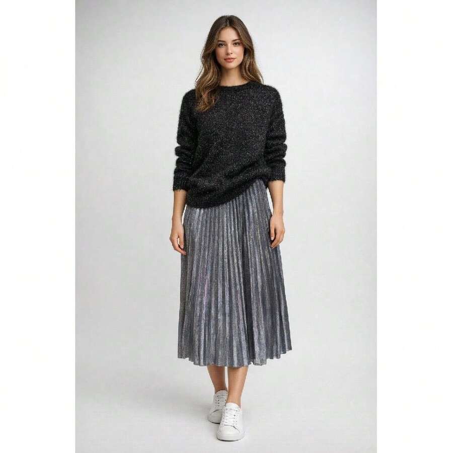 Metallic Shimmer Pleated Midi Skirt - Silver - Multicolor - View 1