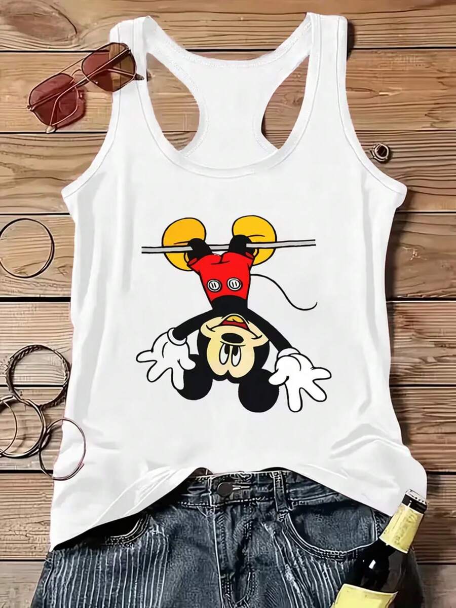 Disney Authorized A Y2K Fashion Sleeveless Tank Vest T-Shirt With Mickey Mouse Print, Cool Summer T-Shirt, Sleeveless Tank Vest T-Shirt With Round Neck Casual Top, Spring And Summer, Women's Wear, Multiple Sizes And Colors To Choose From. - White - View 1
