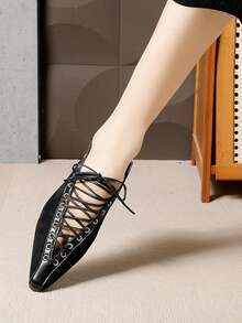 Giày bệt mũi nhọn buộc dây kiểu Pháp, thiết kế mới độc đáo, giày Mary Jane mùa xuân/thu dành cho nữ. - màu đen - Xem 5