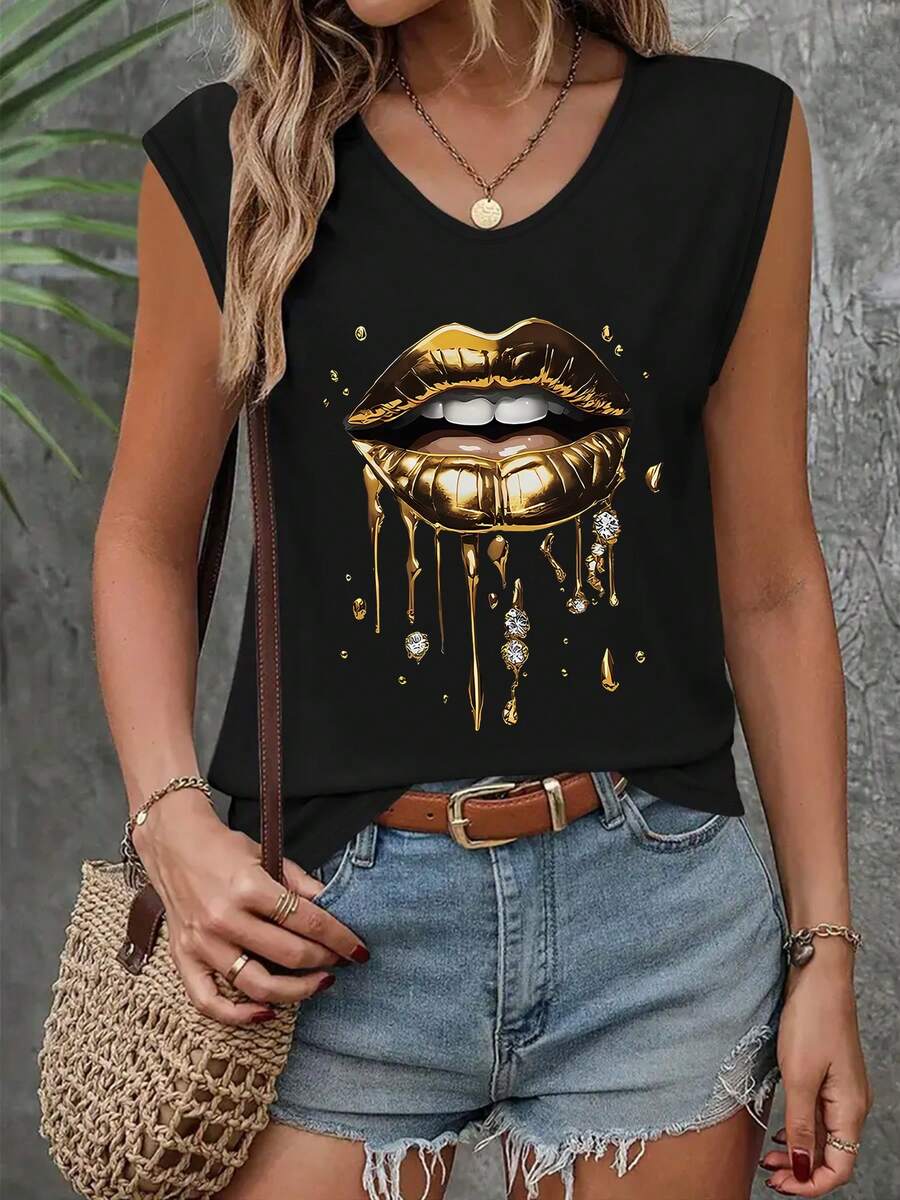 Lip Print Unique Design Casual Sleeveless Tank Top, Women's Fashionable V-Neck Top, Stylish Women's Cool Spring-Summer Tank Top - 黑色 - 查看 1