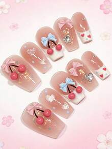 10pcs Handmade 3D Bow Nail Stickers, Versatile Reusable False Nails For Brightening Skin Tone - Multicolor - View 10