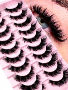 10 Pairs Transparent Fiber Criss-Cross Fluffy Curly Half-Strip False Eyelashes, 3D Faux Mink Handmade 7-10mm Lengthening Lashes, Suitable For Women Makeup And Parties - Black - View 1