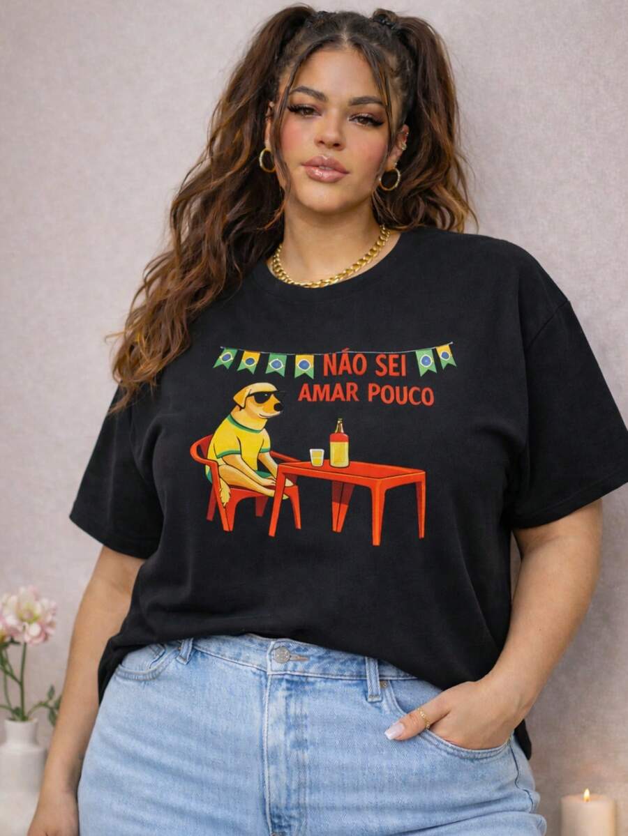 Copa T-Shirt, Women's Plus Size, Plain, Round Neck, , Oversized. - 黑色 - 查看 1