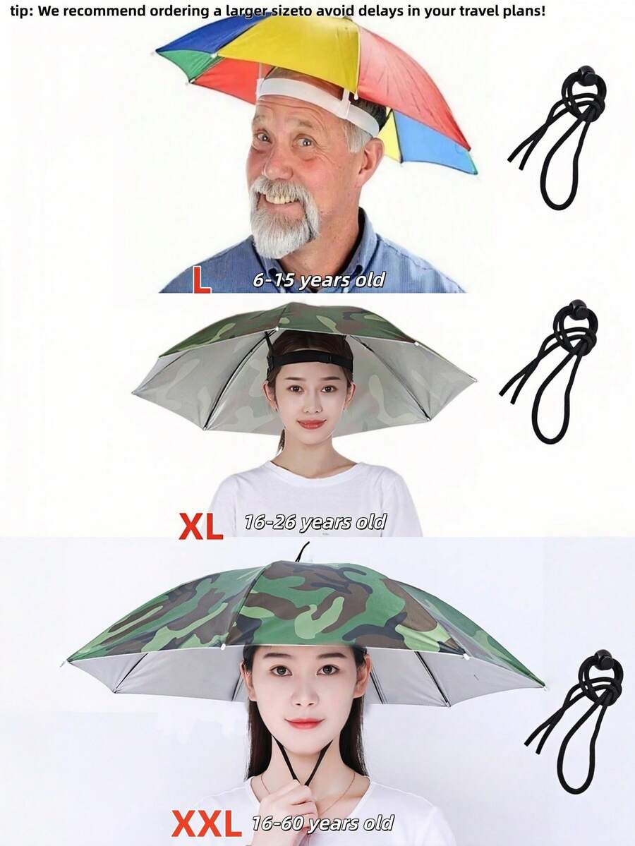 Upgraded Hands-Free Umbrella Hat Set, 360° Full Coverage Sun Protection Design, Elastic Headband Suitable For Outdoor Activities, Great For Travelers (Tip: We Recommend Ordering A Larger Size To Avoid Delays In Your Travel Plans!)