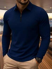 Premium Long-Sleeved Polo Shirt With Zipper. - 藏蓝色 - 查看 3