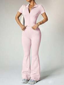 Women's Yoga Workout Set: Short Sleeve Zip-Up Jacket And High-Waisted Flare Pants - Moisture-Wicking, 4-Way Stretch, Suitable For Yoga, Pilates, Gym Workouts (Multiple Colors/Sizes Available) - 粉色 - 查看 13