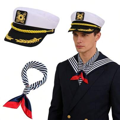 Captain Costume Set, Including Embroidered Naval Cap, Scarf, Sailor Uniform Hat, Sailor Cap For Men And Women, Suitable For Costume Party, Performance, Role Play, Halloween, Birthday Gift