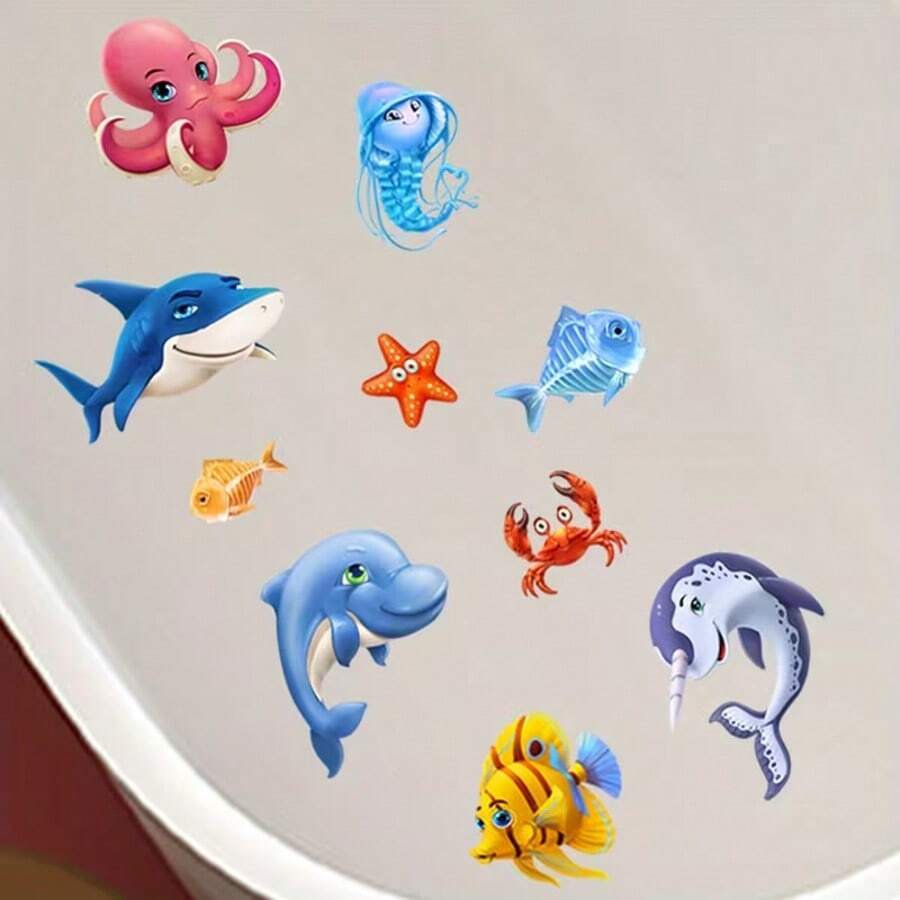 6 Stück Cartoon Badewannen Aufkleber, Thema Meeresleben, rutschfeste Matte Aufkleber, süße Tier Aufkleber, geeignet für die Badewanne - Badewannenaufkleber - Übersicht 1