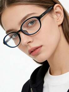 1pc 2026 Spring New Arrival, Unisex Korean Fashion Small Frame Oval Glasses, Elegant Streetwear Versatile Plain Glasses, Anti-Blue Light Optical Glasses - Multicolor B - View 3