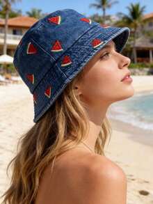 1 chiếc mũ tai bèo denim họa tiết dưa hấu dành cho nữ, mũ chống nắng đa năng, phù hợp sử dụng hàng ngày. - MZ734S - Xem 4