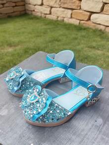1 par de zapatos de fiesta para niñas con lazo decorado de purpurina morada, parte superior brillante, tacón bajo, correa ajustable, adecuados para fiestas, cumpleaños y ocasiones especiales - Azul - Ver 4