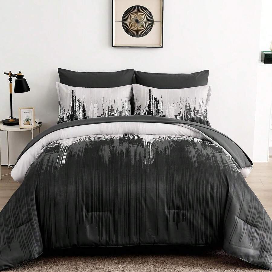 3 Pieces Black Grey Comforter Sets Queen King Bed In A Bag Colorful Abstract Art Gradient Comforter Soft Microfiber Bedding Set With Pillowcases,Wedding Items,Valentines Day Home Bed Room Decor,Easter Ramadan Gifts,All Season - 黑灰色 - 查看 1