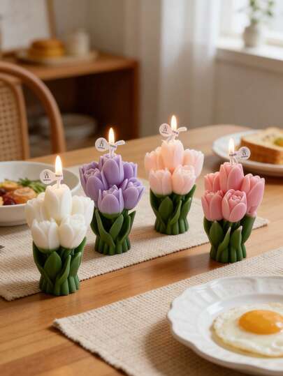 3D立体郁金香花束香氛蜡烛 - 清新自然家居装饰，送给女友/闺蜜的礼物 - 大豆蜡无烟，节日庆典必备