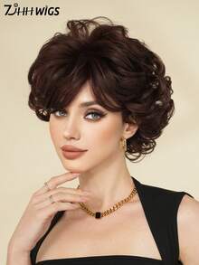 7JHH WIGS 女士短款摩卡棕色复古卷发假发，10英寸，蓬松飘逸，带刘海，采用耐热合成纤维制成，适合派对、日常佩戴和角色扮演。 - 紅木色 - 查看 6