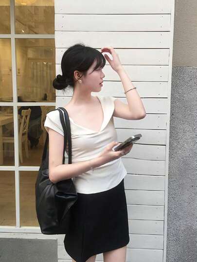 Áo thun ngắn tay nữ, ôm dáng, dệt kim, đa năng, màu trơn.