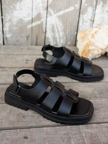 European And American Platform Hook And Loop Thick Bottom Mid-Heel Sandals, Casual Sports Outdoor Fashion Summer Chunky Soft Bottom Versatile Slide Sandals For Women - Black - View 5