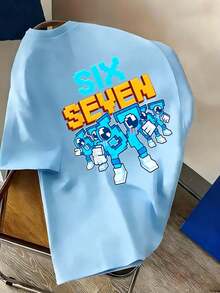 青少年男孩“SIX SEVEN-意大利脑腐烂”彩色数字67卡通印花T恤，适合日常穿着、街头风、校园风，休闲百搭的男孩夏季上衣 - 淺藍色 - 查看 4
