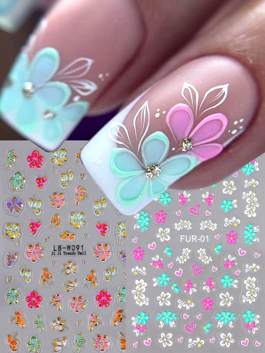2片彩色3D立体花卉美甲贴纸,金色闪光不对称造型自粘塑料美甲贴花,半哑光表面,植物主题,无异味,一次性使用,适用于玻璃表面 - 彩色 - 查看 1