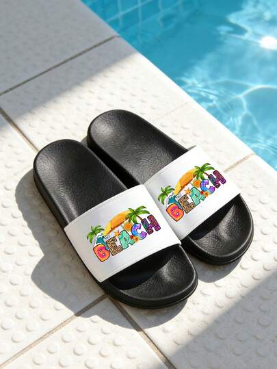 Pantuflas para mujeres y hombres con estampado de "playa", pantuflas para interiores y exteriores, zapatos casuales con plataforma de PVC ligera, pantuflas de viaje para mujeres y hombres, sandalias suaves antideslizantes y portátiles, cómodas sandalias de uso resistente con punta abierta, pantuflas para la casa, chanclas de ducha antideslizantes y de secado rápido para el baño | Ultra acolchado | Fácil de limpiar, regalo para familiares y amigos, regalo del Día de San Valentín, regalo del Día de la Madre