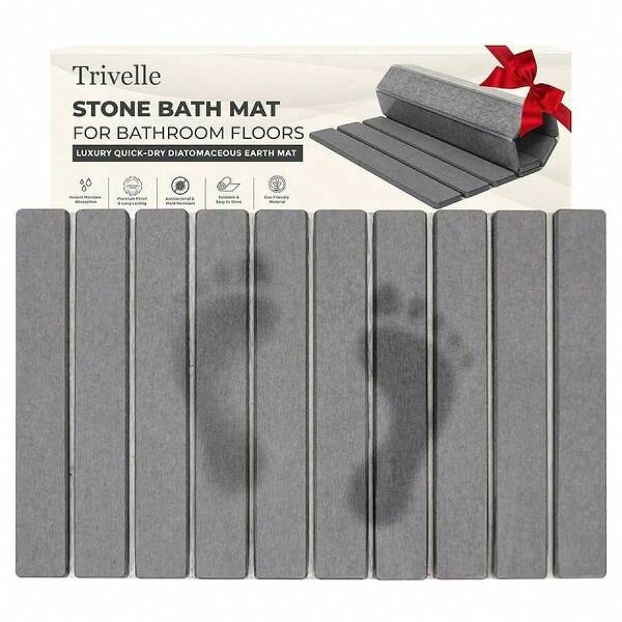 Extra Large Foldable Diatomaceous Earth Stone Bath Mat - Non-Slip Super Absorbent Quick-Drying Water-Absorbing Floor Mat For Bathroom Spaces - Black - View 1