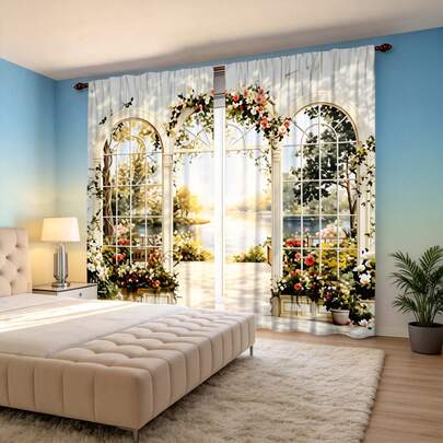 2pcs Elegant French Garden Painting Curtain Set - Rod Pocket Design, Easy To Hang, Suitable For Bedroom, Living Room, Outdoor Windows - Polyester Microfiber Fabric