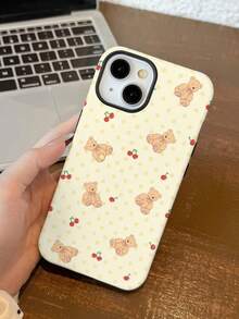 1pc Korean Retro Cream Bear & Cherry Polka Dot Pattern Glossy 2-In-1 Filmstrip Phone Case, Fit Compatible With Samsung/ 11/12/13/14/15/16/17 Pro Max - Multicolor - View 4