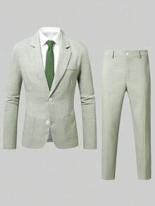 男士两件套西装，绿色西装外套和西裤，英伦风休闲商务通勤婚礼派对正式场合穿着，春夏款 - 綠色 - 查看 6