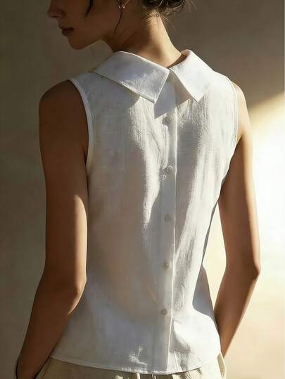 女士新款夏季纯色立领露背纽扣独特设计优雅时尚百搭衬衫，适合居家/办公穿着