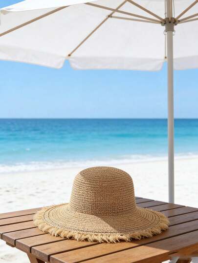 1pc Women's Wide Brim Straw Hat, Beach Hat For Summer Vacation Outdoor