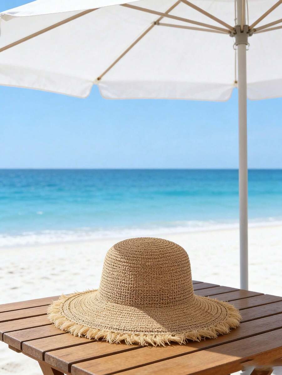 1 pezzo Cappello di paglia a tesa larga da donna, cappello da spiaggia per vacanze estive, all'aperto, vacanze, viaggi - A - Visualizzare 1