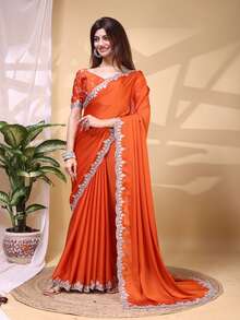 Estationeryhouse Satin Saree With Silver Embroidery With Heavy Embroidered Unstitched Blouse - Orange - View 2