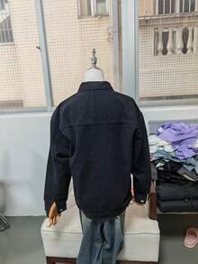 女士宽松落肩牛仔外套，带口袋，春秋季休闲黑色 - 黑色 - 查看 7