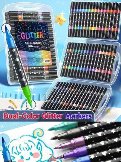 24-96 Colors Glitter Soft Tip Markers, Pearlescent Double-Headed Dual Color Gel Pens For Kids, Students, Acrylic Fluorescent Drawing Pens For Hand Lettering, Coloring, School, Art, Office Supplies, Birthday Gifts, Back To School Gifts