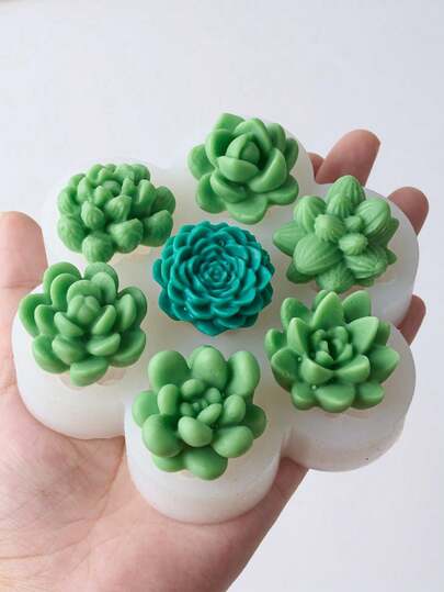 1个全新7孔多肉植物造型硅胶模具，适用于制作3D蜡烛、装饰品。多功能模具，可用于手工DIY工艺品、家居装饰、壁炉、客厅、办公室等，也可作为情人节礼物。