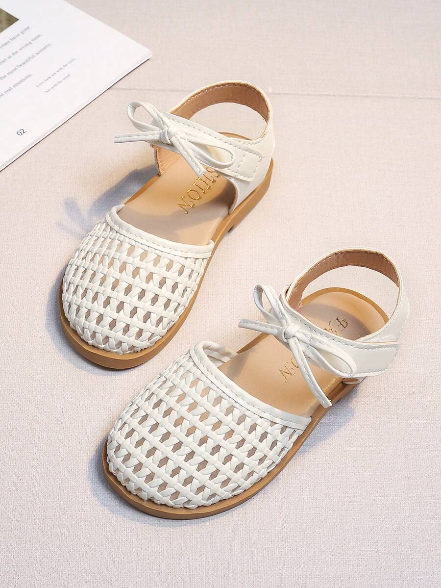 Girls' Woven Sandals, New Summer Princess Style, Bowknot Hollow Breathable, Soft Non-Slip Soles, Children's Sandals For Kindergarten Girls - White - View 1