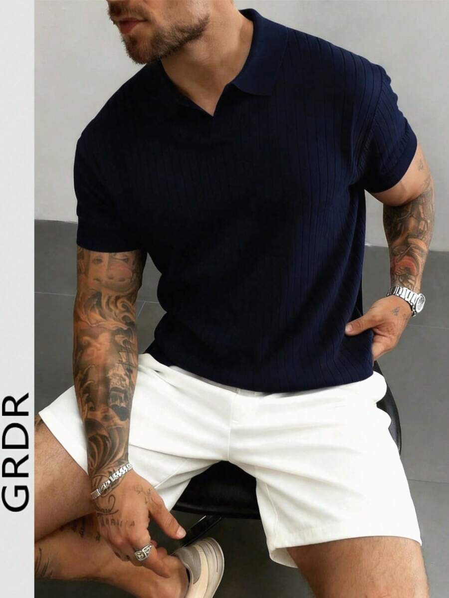 GRDR Camisa polo de verano de hombre con mangas cortas y costillas - Azul Marino - Ver 1