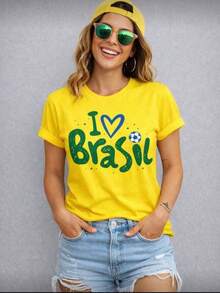 Women's T-Shirt Copa Brasil Women's I Love Brazil Stylish 2026 100% Cotton Short Sleeve Round Neck Summer Style - Màu vàng - Xem 1