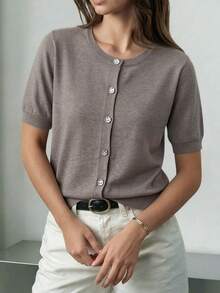 Áo khoác cardigan dệt kim tay ngắn thoải mái, mềm mại dành cho nữ, thích hợp cho mùa xuân/hè. - Màu Khaki - Xem 3