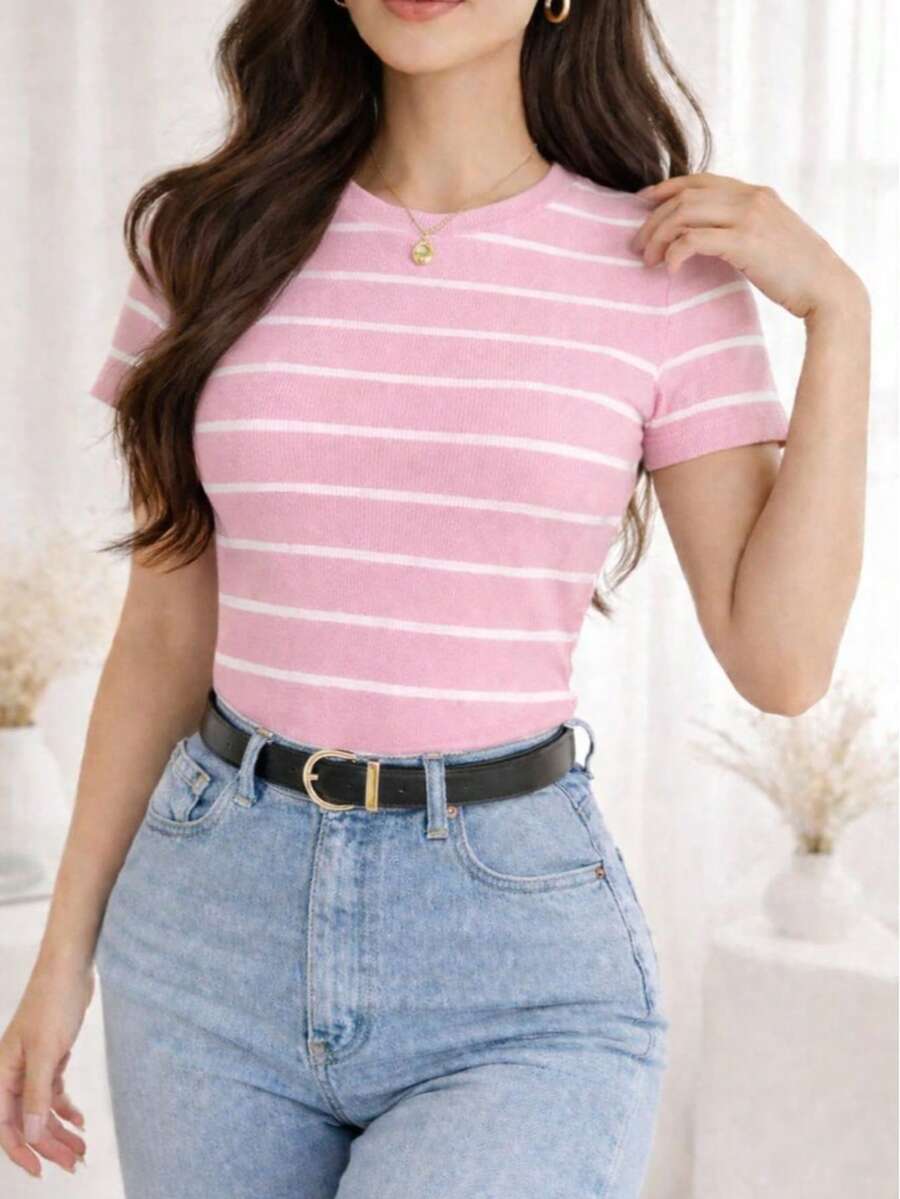 Women's Basic Ribbed Cotton Striped Blouse - 淺粉色 - 查看 1