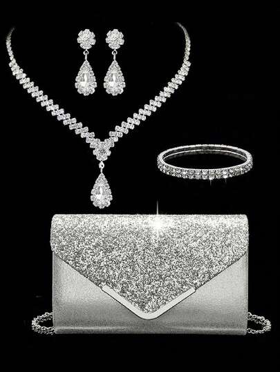 Bộ trang sức 4 món thời trang nữ đa năng đính sequin gồm ví cầm tay, túi đeo vai, vòng cổ, bông tai và vòng tay.